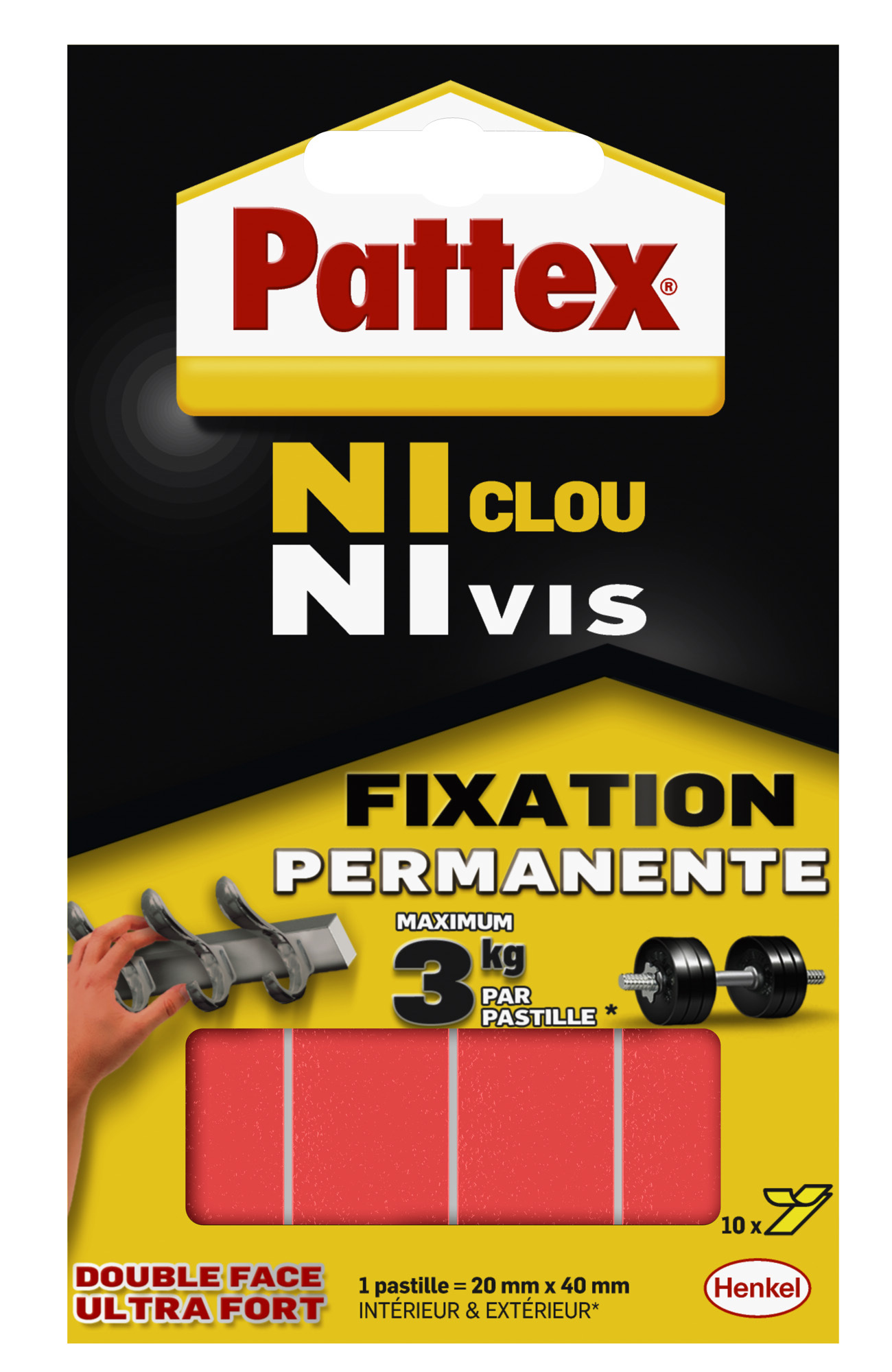 Adhésif de Fixation Ni Clou Ni Vis - Fixation Permanente - 10 Pastilles 3kg 20mm*40mm - PATTEX